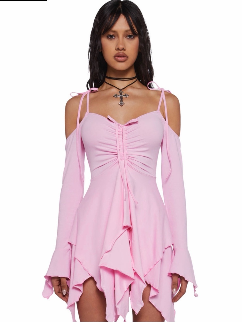 Current Mood Light Pink Cold-Shoulder Tie-Detail Mini Dress Fairy Core
